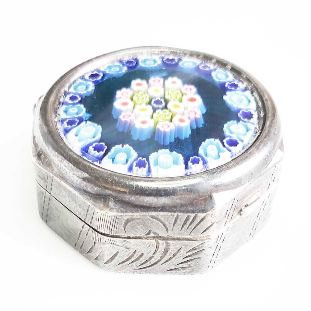 Vintage Italian Sterling Silver 925 Murano Millefiori Mini Blue Pill Box